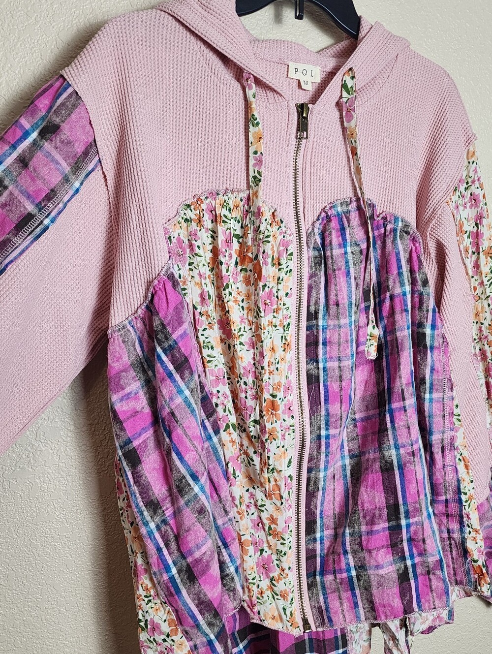 POL Pink Floral Plaid Patchwork Zip Hoodie Medium - Picture 4 of 9